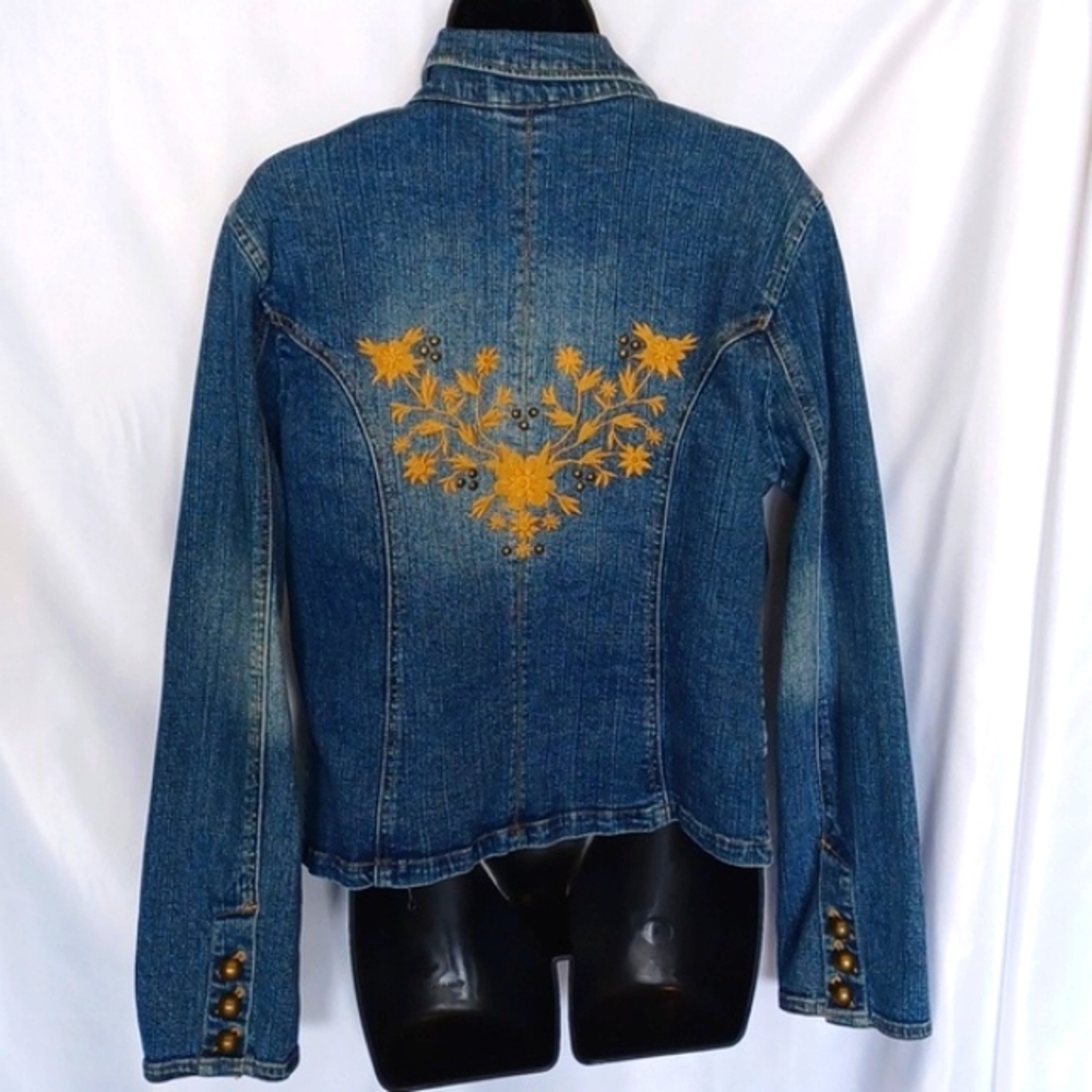 Faded Glory Denim Jean Blazer Jacket Womens size 10 Embroidered Embellished